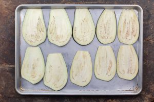 sprinkling salt on diced eggplants to remove bitter taste