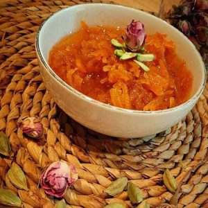 Moraba Havij or carrot jam is in the bowl