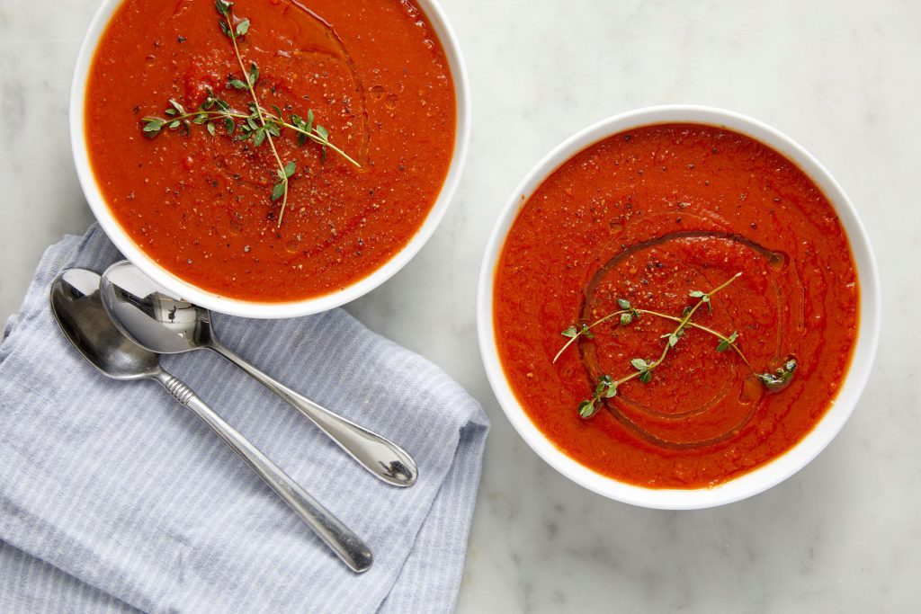 tomato soup in 2 bowls