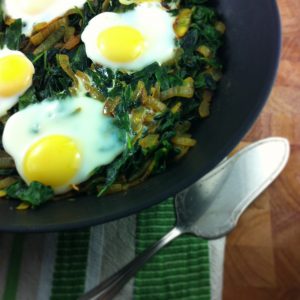 eggs and spinach in a pan