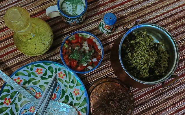 traditional kalam polo and salad and doogh